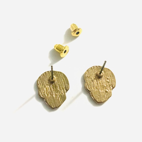 Gold Skull Stud Earrings - Picture 3 of 4